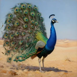 peacock in the desert, oil painting, by hr giger, highly detailed, body horror, biopunk, concept art