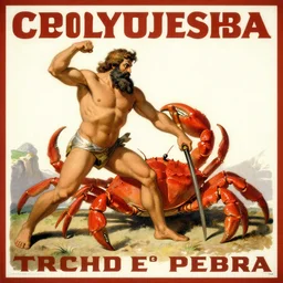 opera poster of a bearded hercules fighting a red giant crab. italy 1 8 1 6
