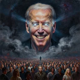 large abstract painting of giant Joe Biden grinning evil emperor of the world emerging in dark clouds,  cosmic horror, evil, dangerous, trending on ArtStation, masterpiece, by Greg Rutkowski, by Ross Tran, by Fenghua Zhong, octane, lightbeam eyes, soft render, clear facial features, oil on canvas, immense crowd of varied diverse people army, moody lighting, cinematic, professional environment concept art