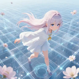 1 highly detailed anime girl by davinci trying to escape a vast technological grid, bloom effect, stunning and pretty face and eyes, pixiv contest winner, scenic hi - tech atmosphere