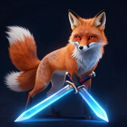 fox with a glowing blue sword , digital art