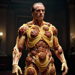 silvio berlusconi made out of a humanoid nervous system with large spaghetti and meatballs all over the body, cinematic, volumetric lighting, f 8 aperture, cinematic eastman 5 3 8 4 film, photorealistic