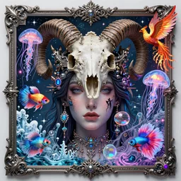 baroque bedazzled gothic bedazzled gothic frames surrounding a pixelsort highly detailed portrait of a goddess macro close - up portrait wigh crown made of ram skull. betta fish, jellyfish phoenix, bioluminiscent, plasma, ice, water, wind, creature, super intricate ornaments artwork by tooth wu and wlop and beeple and greg rutkowski, a hologram by penny patricia poppycock, pixabay contest winner, holography, irridescent, photoillustration, maximalist vaporwave