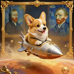 a small corgi piloting a small rocketship to mars, studio lighting, golden ratio, details, masterpiece, fine art, intricate, decadent, ornate, highly detailed, digital painting, octane render, ray tracing reflections, 8 k, artstation, concept art, smooth, sharp focus, illustration, art by claude monet and vincent van gogh and van eyck