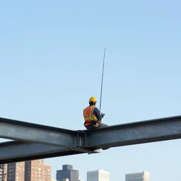 a construction worker with a fishing rod sitting on a metal beam high over new york city, photography