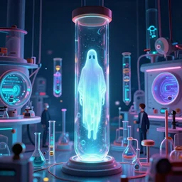 ghost in glowing glass tube in meticulous ethereal laboratory, synthwave, bright neon colors, highly detailed, cinematic, robert morello, vladimir kush, phillipe druillet, chris foss, roger dean, michael whelan, bruce pennington, jaroslaw jasnikowski, alfred kelsner, kubrick, wojtek suidmak