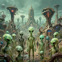 8 k photograph from a crowd of aliens, organic buildings