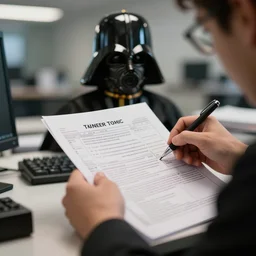 high quality photo of darth doing taxes, photography 4k, f1.8 anamorphic, bokeh, 4k, Canon, Nikon