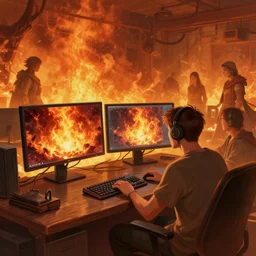 a man and a room in a scorching hot room with two computers, inferno, d & d, fantasy digital painting, trending on artstation, concept art, sharp focus, illustration, global illumination, ray tracing, realistic shaded, art by artgerm and greg rutkowski and fuji choko and viktoria gavrilenko and hoang lap