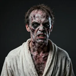 bill murray as angry zombie portrait, horror core, apocalyptic, bathrobe, dry - wounds, left eye hanging out, broken collarbone, dramatic, the feeling of grimdark, sharp focus, fiction, hyper detailed, digital art, trending in artstation, cinematic lighting, studio quality, smooth render, unreal engine 5 rendered, octane rendered, art style and nixeu and wlop and krenz cushart