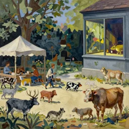 petting zoo with small creatures by shaun tan, intricate, detailed, torn paper decollage, oil on canvas by edward hopper, ( by mattias adolfsson ), by moebius