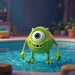 diorama of mike wazowski swimming, setting is bliss wallpaper, realistic, 4 k, detailed, atmospheric, cinematic lighting, octane render, unreal engine render, ray tracing lighting