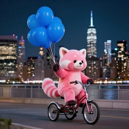 pink panda riding a tricycle while holding blue ballons in the middle of the night with the nyc skyline in the background