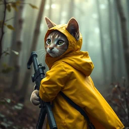 portait of a cute humanoid cat soldier wearing a yellow raincoat, venturing through a dense forest, carrying a rifle. realistic 4 k octane render, epic composition, magical atmosphere, ultra hd, masterpiece by pascal campion, trending on artstation, looking back over shoulder, pastel colors, extremely detailed, gorgeous