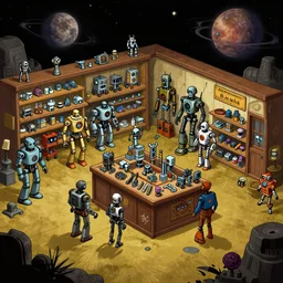 inside a store that sells robots and robot parts, in a remote outpost, on a remote planet, from a sierra point and click 2 d graphic adventure game, set design inspired slightly by tomb raider, art inspired by [ thomas kinkade ] and mark keathley