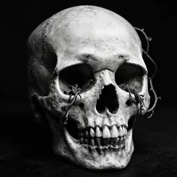 A skull, with vines coming out of the eye sockets. Dark Fantasy, Film Noir, Black and White. High Contrast, Mike Mignola, D&D, OSR