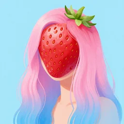 illustration of a woman with a strawberry head, long pink and blue hair