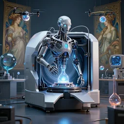lol cybernetic symbiosis hybrid mri 3 d printer machine making a bio chemical lab, art by artgerm and greg rutkowski and alphonse mucha, drone lens orbs, global illumination, octane render, architectural, f 3 2,