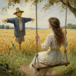 detailed soft painting of a girl on a garden swing, seeing seeing a scarecrow in a field of wheat rembrandt style, elegant, highly detailed, artstation, concept art, matte, sharp focus, folk horror