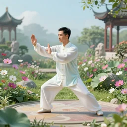 a cosmic Gardner doing tai chi in a cyber garden