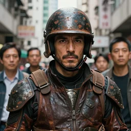 dreamy portrait of danny trejo in metallic and rusty stained helmet and leather tactical gears, by jan van eyck, kim jung gi, james jean, in the street of mongkok, hong kong, craig mullins