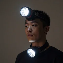 flashlight on my head, flashlight round my waist