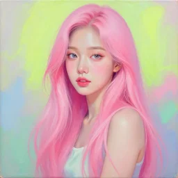 full body realistic, super detailed by pauline haynes a beautiful woman with long pink hair, adorable wan korean face, painting by ren hang noriyoshi ohrai and john berkey, vibrant neon pastel
