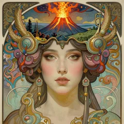 hyperrealistic detailed face portrait of the beautiful goddess of the vulcanos with an intricate headgear of a beautiful erupting vulcano with landscape, art by ernst haeckel, john william godward, android jones, alphonso mucha, h. r. giger, gothic - cyberpunk, ornamental, dimmed pastel colours,