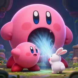 a terrifying round pink blob monster, realistic kirby, creating a powerful vacuum with its mouth to suck in an innocent bunny, giant monster horror game, 3 d octane render, unreal engine