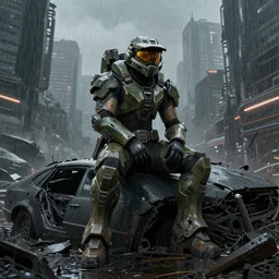 character portrait of a female warrior in halo spartan mjolnir armor sitting on top of a broken car in a desolate cyberpunk wasteland city, 8 k, realistic shading, concept art, digital painting, illustration, matte painting, moody lighting, sharp focus, minimal artifacts, wet, octane render, halo infinite, heavy rain, rainstorm