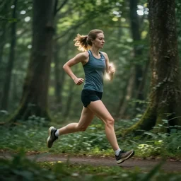 a award winning photo of a woman running in a forest, volumetric light effect