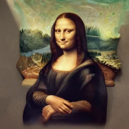 the mona lisa made of spit, brown crayon, and green ooze.