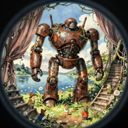 wholesome animation key shot, fish eye lens, intricate, dwarfed by the rusty robot schwerer gustav!!!!, vines, abandoned, torn curtains, stairs, dandelion seeds, lake, ambient occlusion, studio ghibli, pixar, disney concept art watercolor illustration by craig mullins, dean cornwell, nc wyeth, satoshi kon!