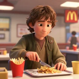 film still of frodo working at mcdonalds in the new batman movie, still from a pixar movie, high quality 3 d render, movie, pixar, renderman, 4 k, artstation