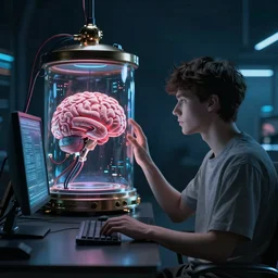 a young man is sitting at the computer and uploading his consciousness to an artificial brain. brain is in a jar and has many wires connected to it. futuristic art, very detailed, 4 k, cyberpunk aesthetic. very dramatic lighting dim dark blue lighting, octane render, trending on artstation.