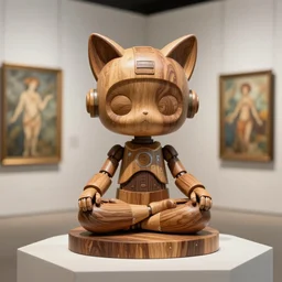 3D octane render ultra 8K photorealistic hyperdetailed unreal engine ,a wooden sculpture,art toys on a pedestal ,a very cute mystical robot of the bohemian with cat’s ears in a zen heroic pose ,meditation ,rebelle,cyberpunk ,concept art ,trending on cgsociety ,artwork masterpiece , in a contemporary art gallery in neo Paris by Alphonse Mucha