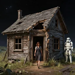 woman leaving her wooden broken house by simon stålenhag, very highly detailed, award winning, rendered by Beeple, by Makoto Shinkai, syd meade, starwars, space art concept, digital art, unreal engine, blender, WLOP, trending on artstation, 4K UHD image, octane render