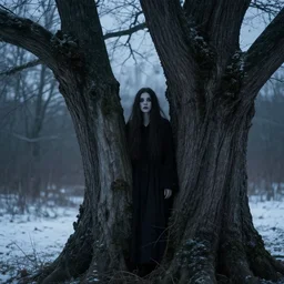 beautiful woman has become a tree. folk horror. eerie. winter scene