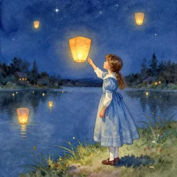 watercolor painting of old - fashioned young girl in a blue dress watching lanterns float across a lake at night with a sky full of stars, by tasha tudor