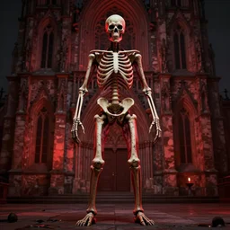 full body pose skeleton flesh, hyperrealistc, terrifying, volumetric lighting, gothic church on background, red glow, rutkowski, shishkin