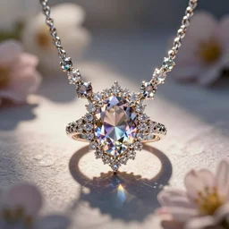intricate! organic, nordic wedding ring, necklace, gemstones, dreamy floral background, refraction, occlusion, highlights, lower and upper levels, keyshot render, octane render, vray render