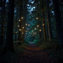 forest at night with floating lights by Wes Anderson