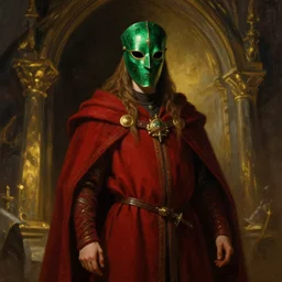 greg manchess oil matte painting, portrait of mage in rad mantle and full emerald priest!! mask, enigmatic, powerful, medieval, fantasy, wonderful masterpiece highly detailed, dark fantasy, beautiful cinematic light deep focus, elegant, digital painting, sharp focus, golden ratio, dramatic illumination, small cabin, ultra realistic, 4 k, art by greg rutkowski wlop rossdraws, by frank