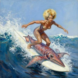 grace jones surfing on a giant squid, oil painting