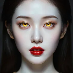 portrait beautiful korean female, porcelain face portrait, glowing amber golden eyes, red teeth, raphael lacoste, eddie mendoza, alex ross, concept art, matte painting, highly detailed, rule of thirds, dynamic lighting, cinematic, detailed, denoised, centered
