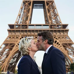 marine le pen and Emmanuel macron kissing under the eiffel tower