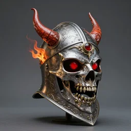 medieval helmet in the shape of a demon skull, red eyes, flames, artsation, 4 k