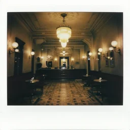 atmospheric polaroid photo of old hotel lobby