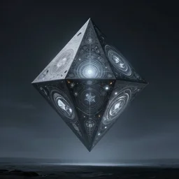 bad omens, beyond the horizon, single giant very lonely floating magnificent tetrahedron spacecraft, on which mystical symbols glowing!! symmetry!! dark night. medium long shot. grey blue. sharp edges. octane render, ultra clear detailed!! digital art by stanley artgerm lau, greg rutkowski, thomas kindkade, alphonse mucha