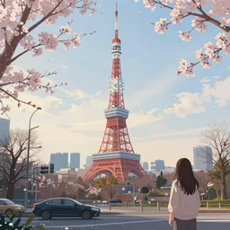 tokyo paris. volumetric lighting, spring early morning, dew, nice weather, realistic illustration, perfectly shaded, soft painting, art by krenz cushart and wenjun lin